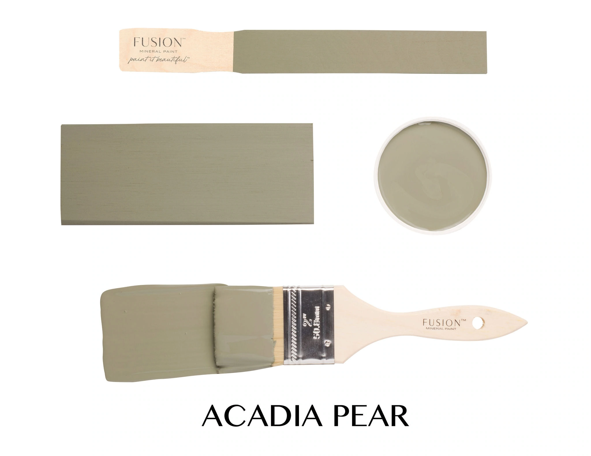 T2ACADIAPEARTEXT värvine pintsel ja värvitud näidised toonis Fusion Mineral Paint ACADIA PEAR