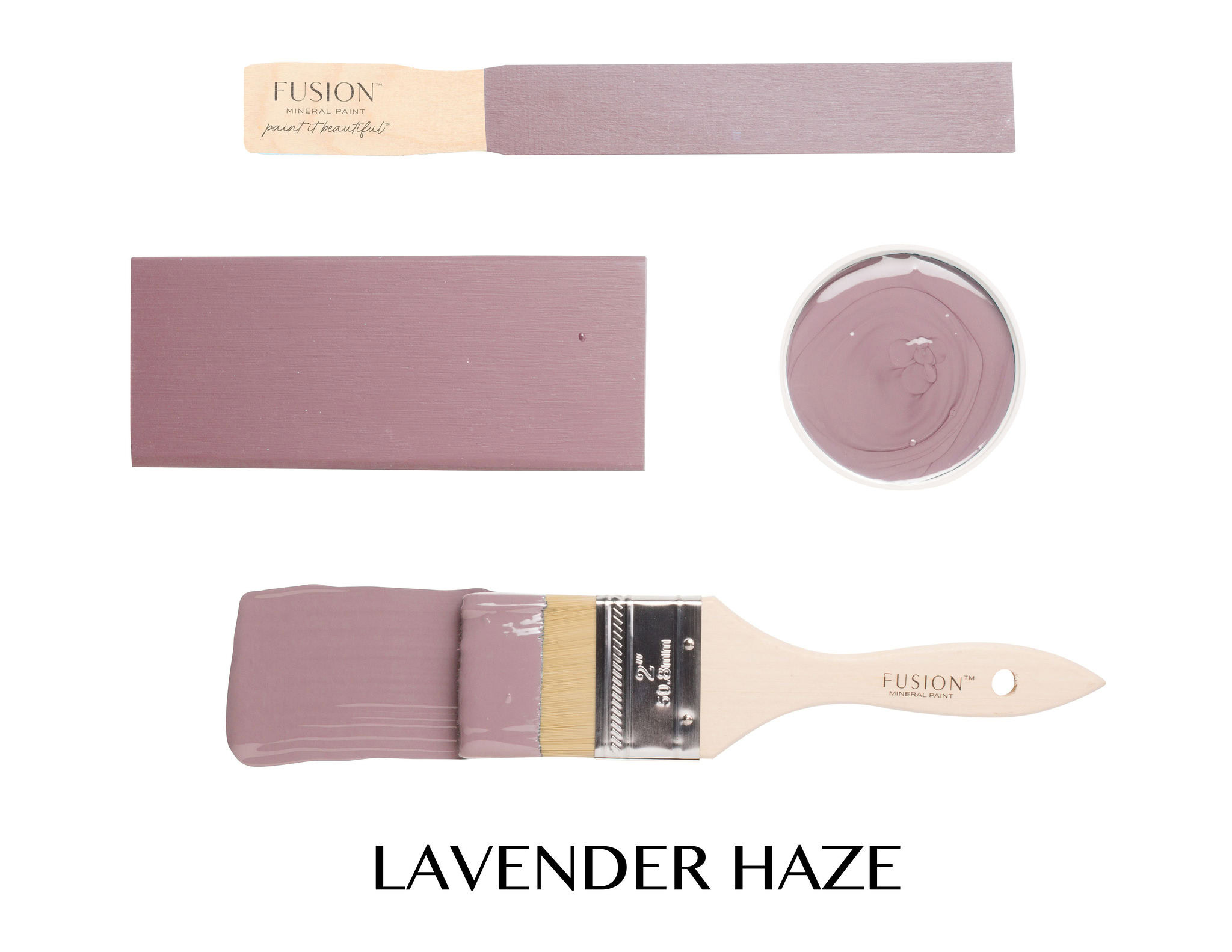 T2LAVENDERHAZETEXT värvine pintsel ja värvitud näidis toonis Fusion Mineral Paint LAVENDER HAZE